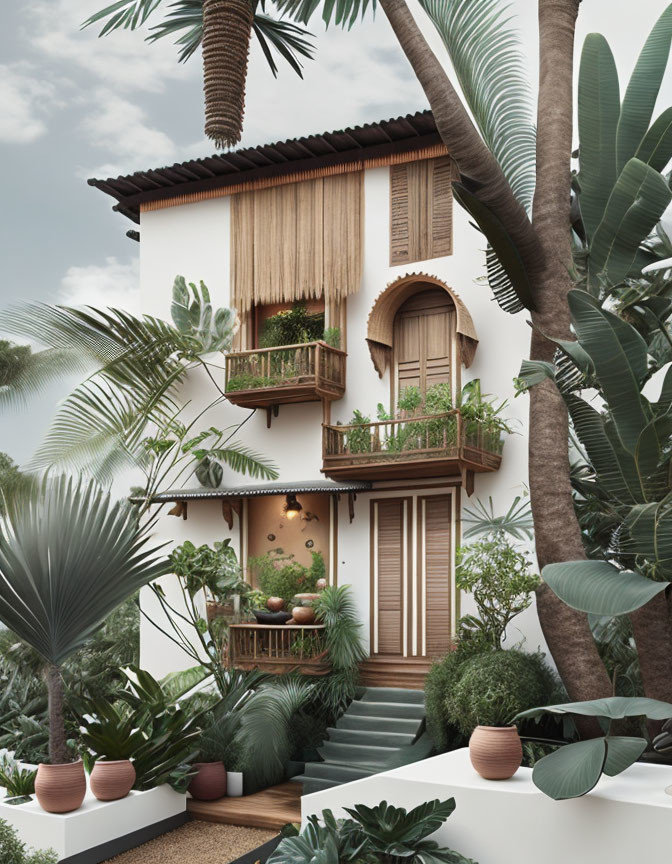 Tropical residence with lush greenery, wooden balconies, and terracotta planters