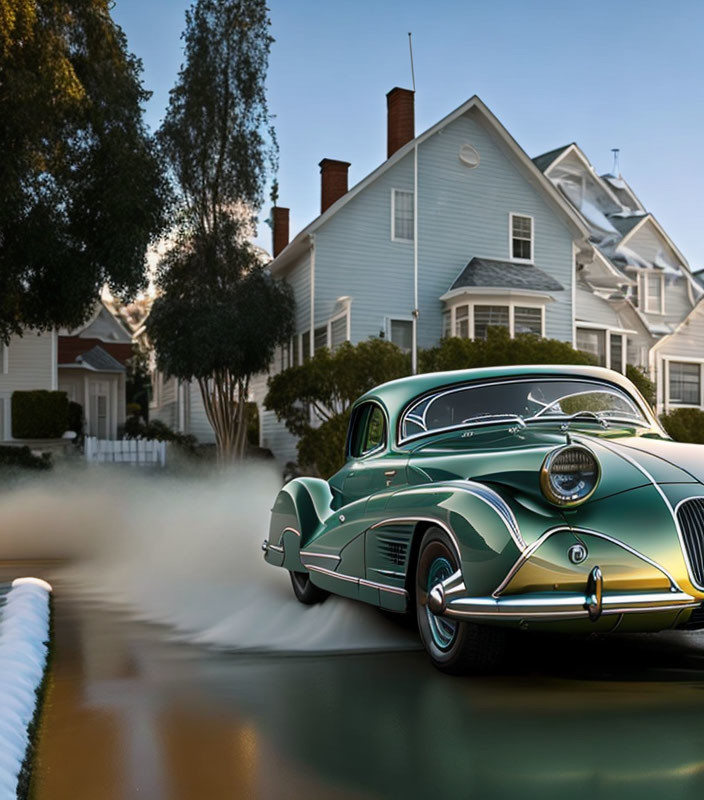 Classic Green Car Parked by White Picket Fence at Dusk