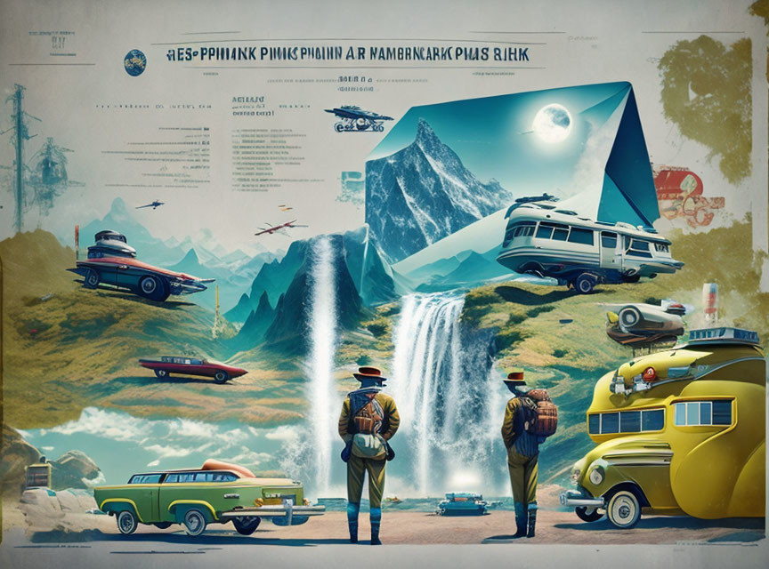 Retro-futuristic illustration of vintage cars, aircraft, people, mountains, waterfall, and moon