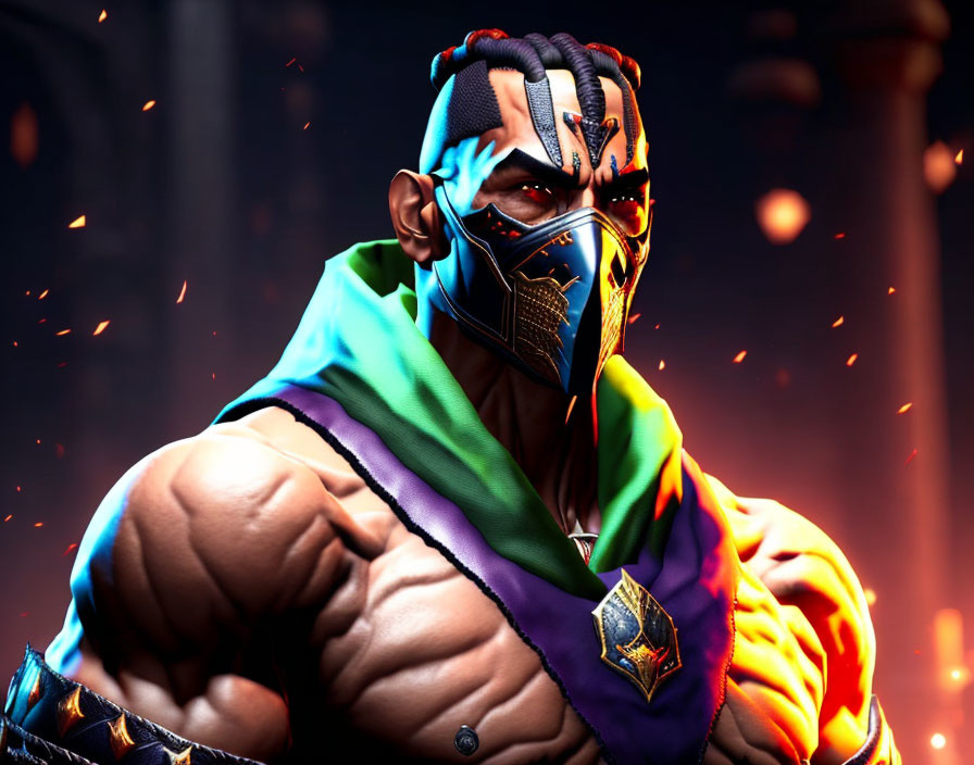 Muscular character with blue face markings and mask in fiery background