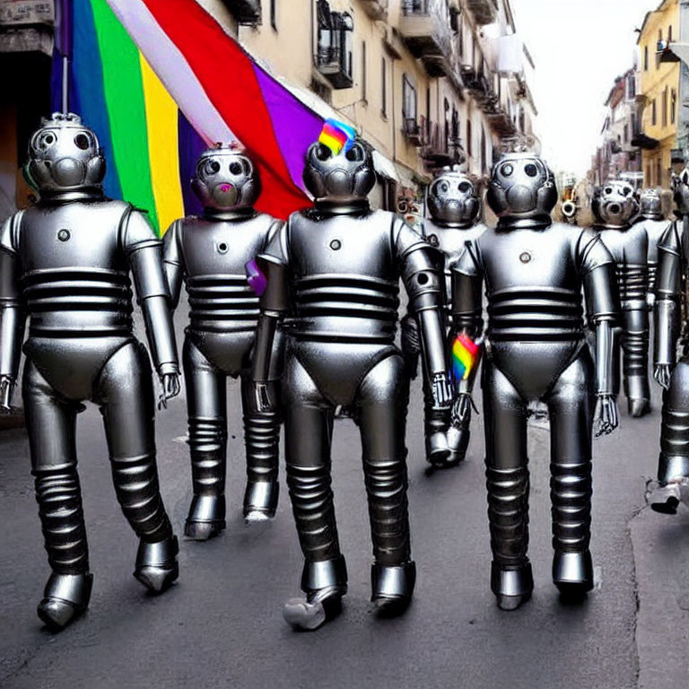 Silver robot-costumed individuals with spherical helmets parade with rainbow flags.