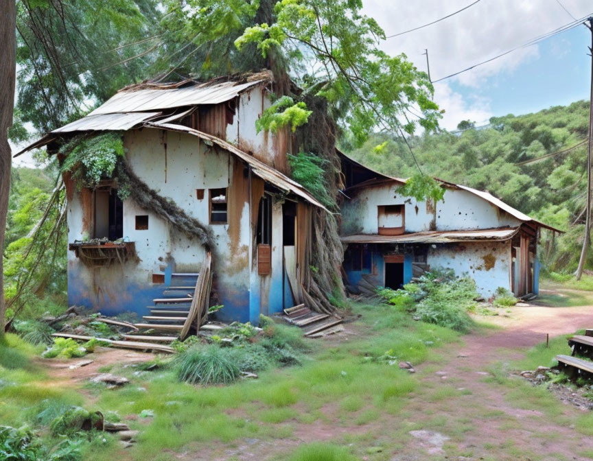 Weathered two-story building in blue and white amidst greenery under cloudy sky