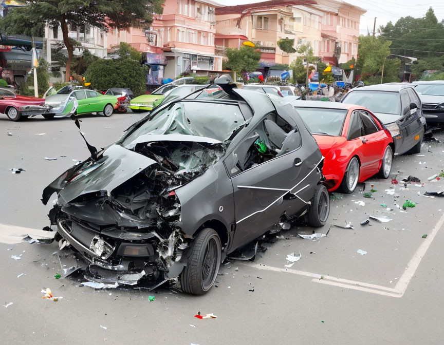 Damaged black car after collision on street with scattered debris.