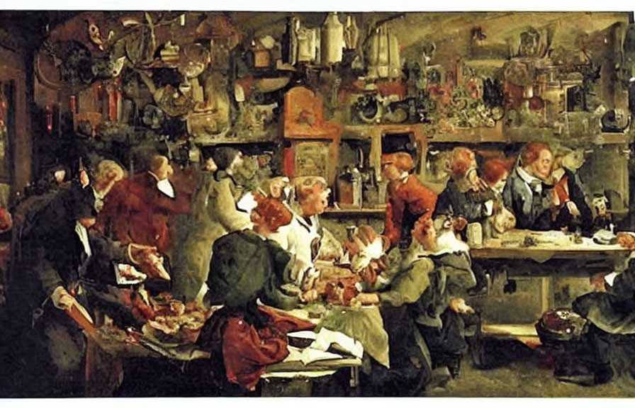 Vibrant tavern scene with patrons eating and conversing under candlelight