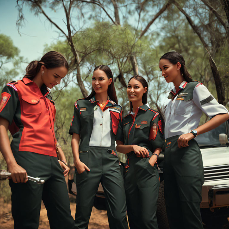 Four Women in Uniform Standing Outdoors Near Vehicle and Trees