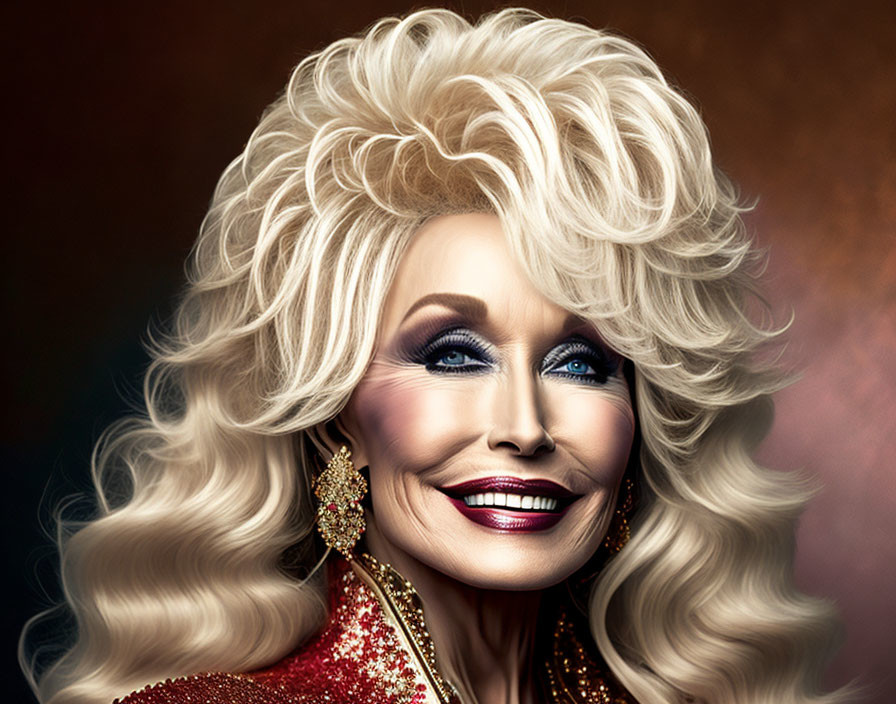 Blonde Woman in Red Sequin Attire with Voluminous Hair