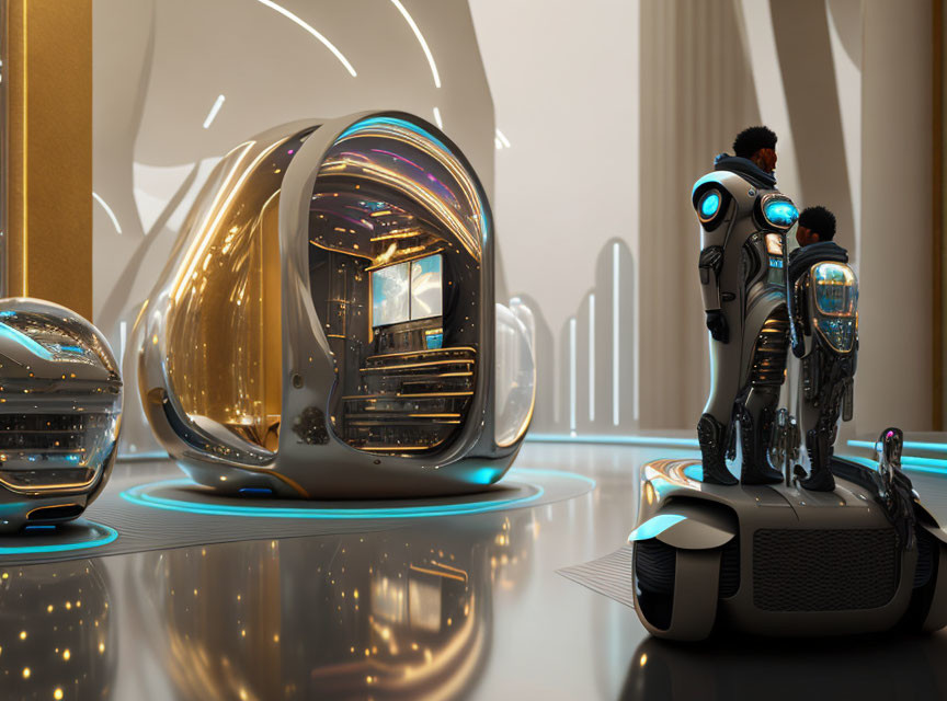 Futuristic interior with egg-shaped pods, neon lines, humanoid robot interaction