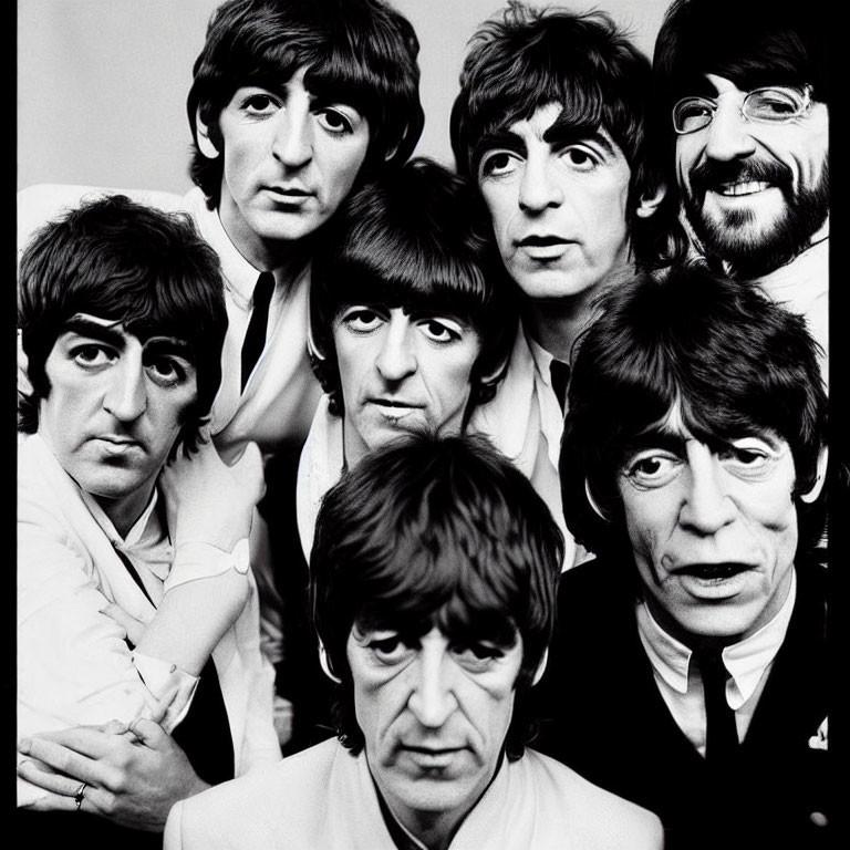 Monochrome collage of four male faces with similar haircuts and suits