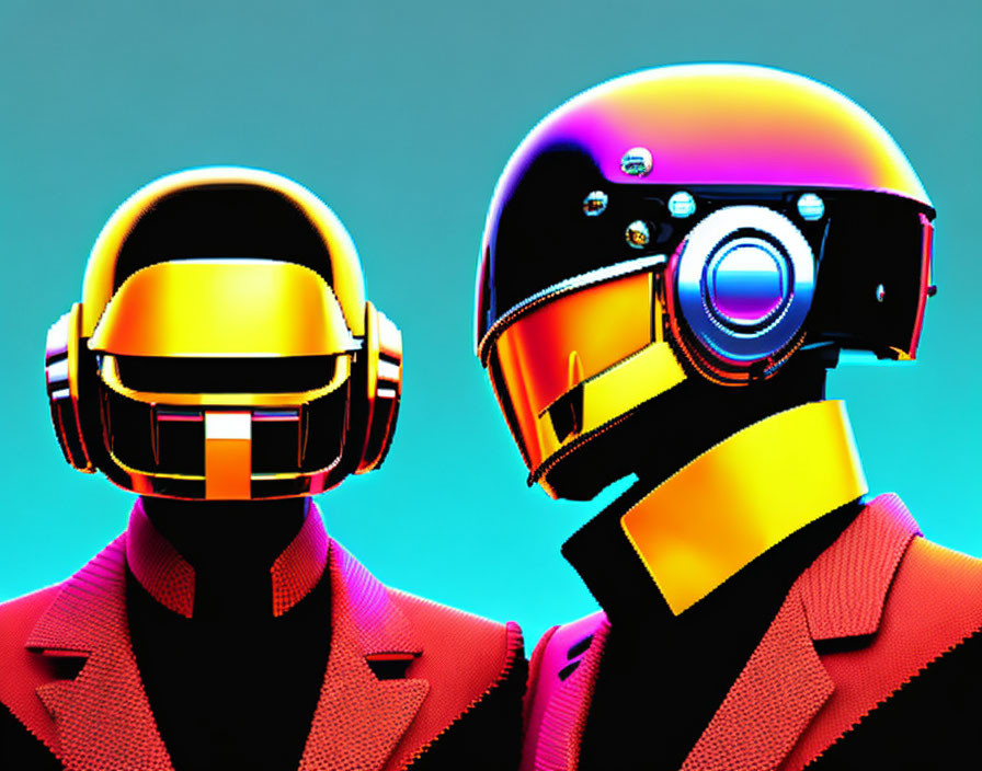 Futuristic figures in reflective helmets and colorful suits on teal background