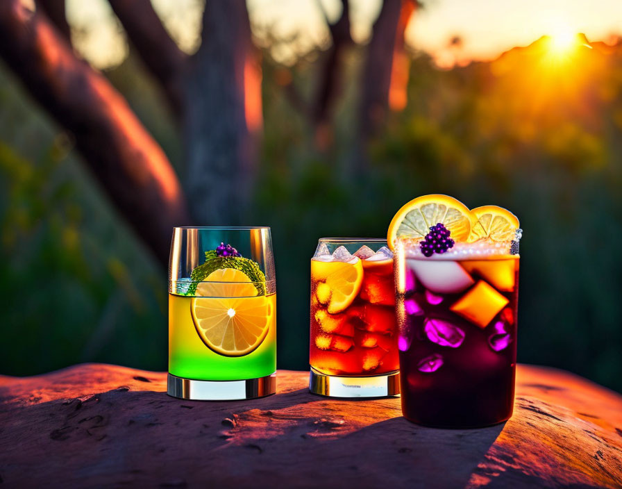 Two cocktails on wooden surface, one with lemon slice and purple flower, the other with ice and lemon