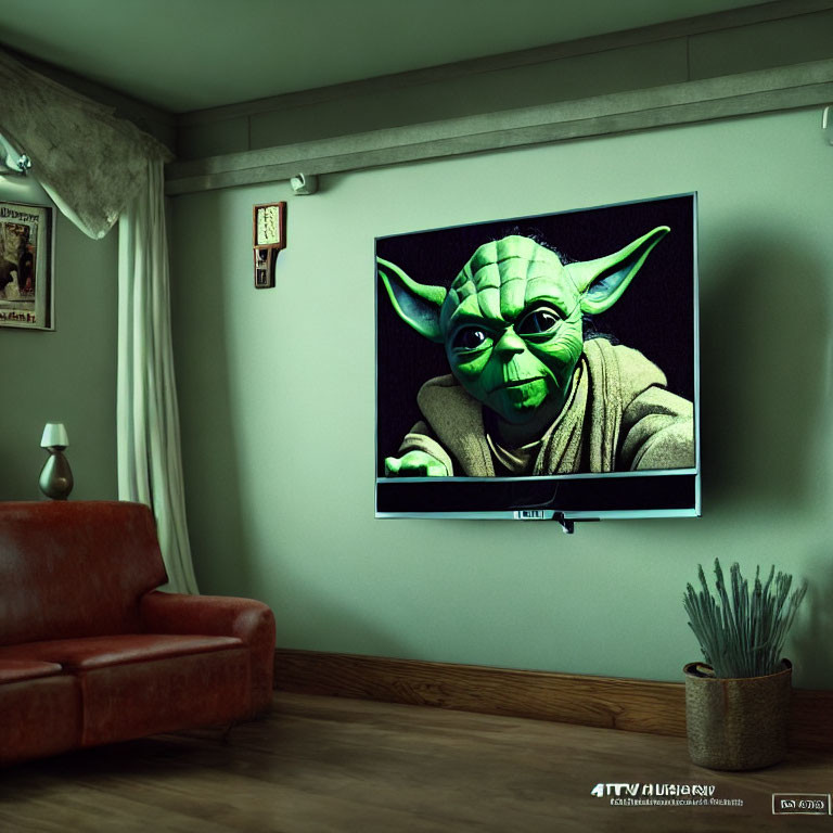 Cozy living room with large TV showing Yoda, brown couch, soft lighting