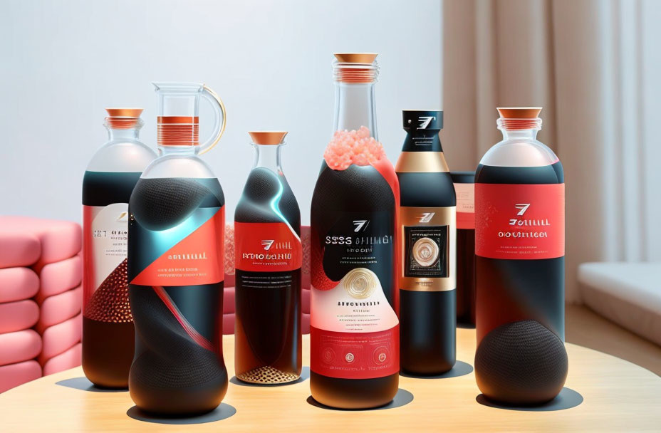 Seven Stylish Modern Beverage Bottles on Table with Sleek Designs