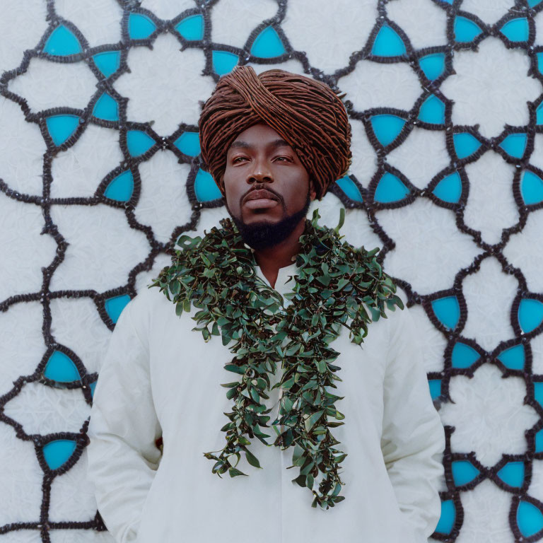 Man with Brown Head Wrap and Leafy Garland Against Blue and White Patterned Backdrop