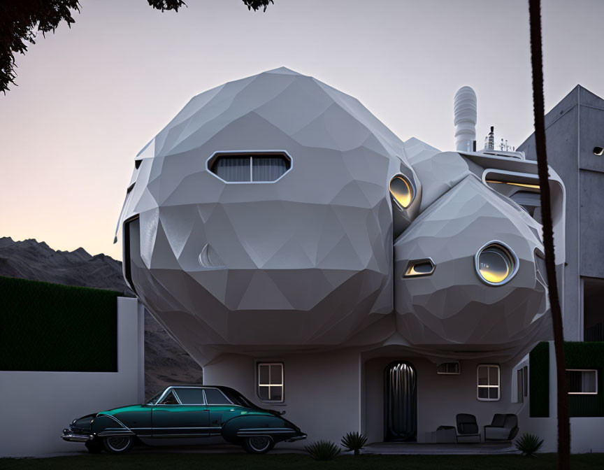 Geodesic Dome House with Glowing Windows and Vintage Car at Dusk