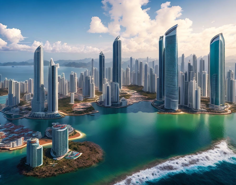 Futuristic cityscape with tall skyscrapers near coastline and lush greenery