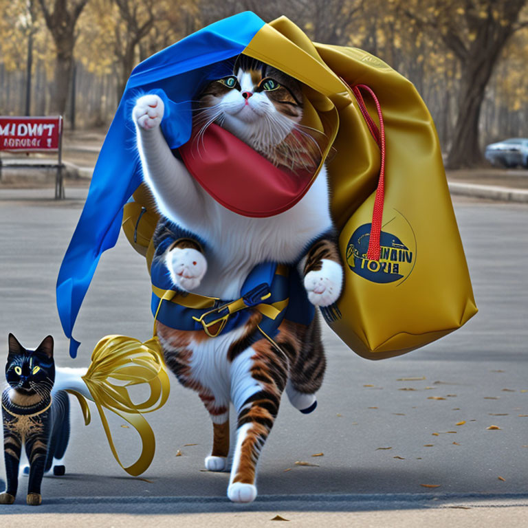 Two cats in superhero costumes walking on sidewalk