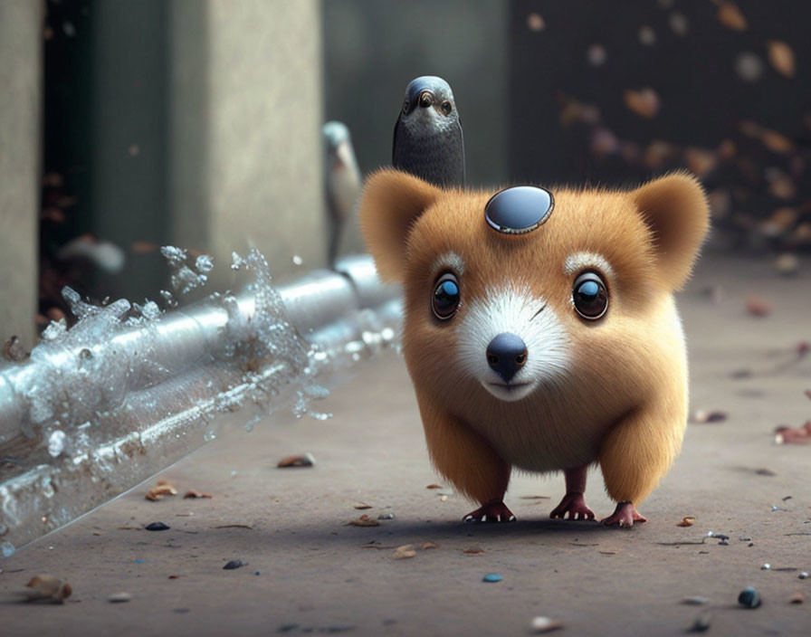 Whimsical corgi-like creature with bird on head near burst pipe