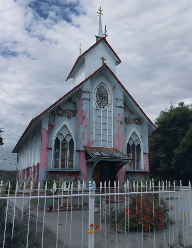 Weathered church with pastel facade and ornate windows under cloudy sky