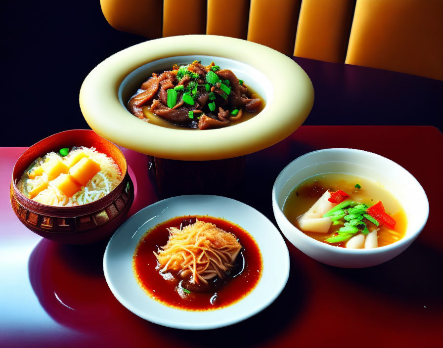 Traditional Chinese meal: noodle soup, buns in bamboo steamer, dim sum on red table