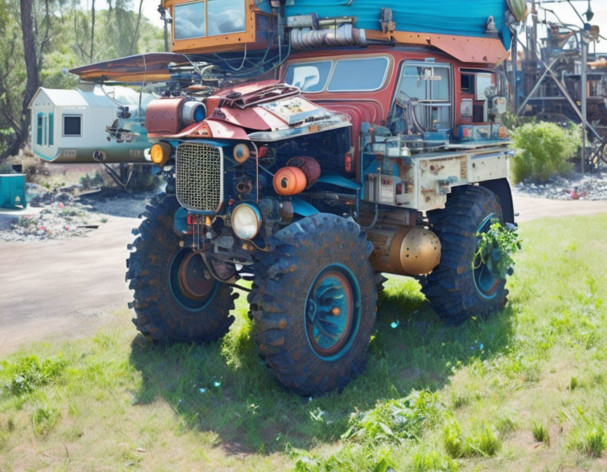 Colorful Modified Vehicle with Oversized Tires Parked on Grass