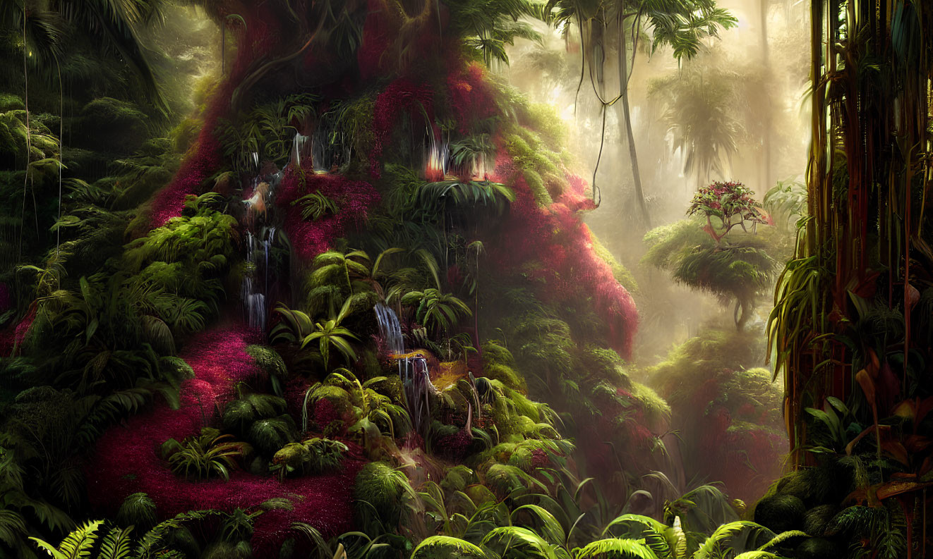 Mystical forest scene with waterfalls, sunbeams, and red plants