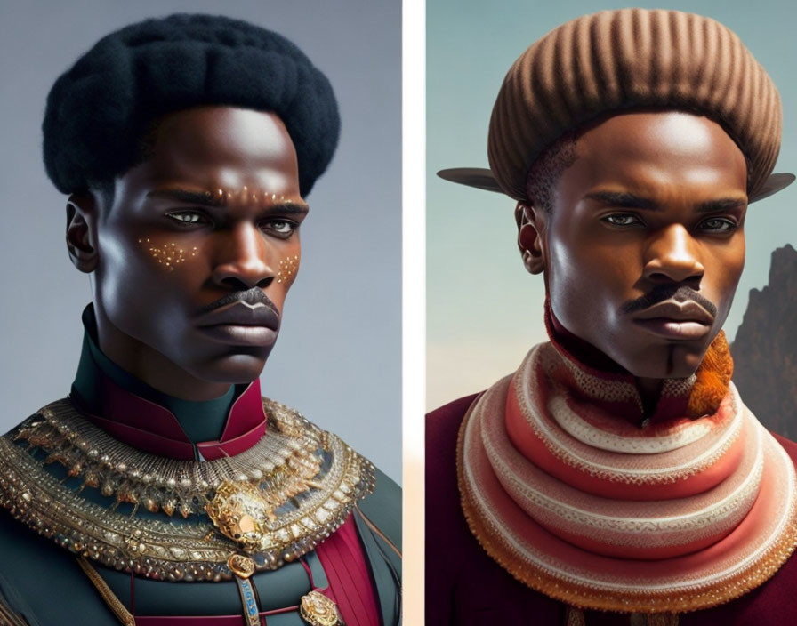 Stylized man portraits with regal attire and gold accents on solid backdrops