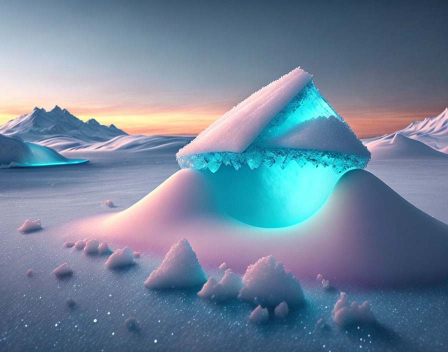 Surreal landscape with glowing blue pyramid in icy terrain