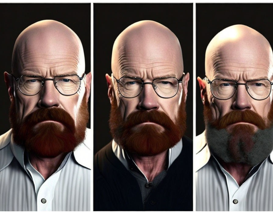 Male caricature with glasses and goatee in three variations on dark background