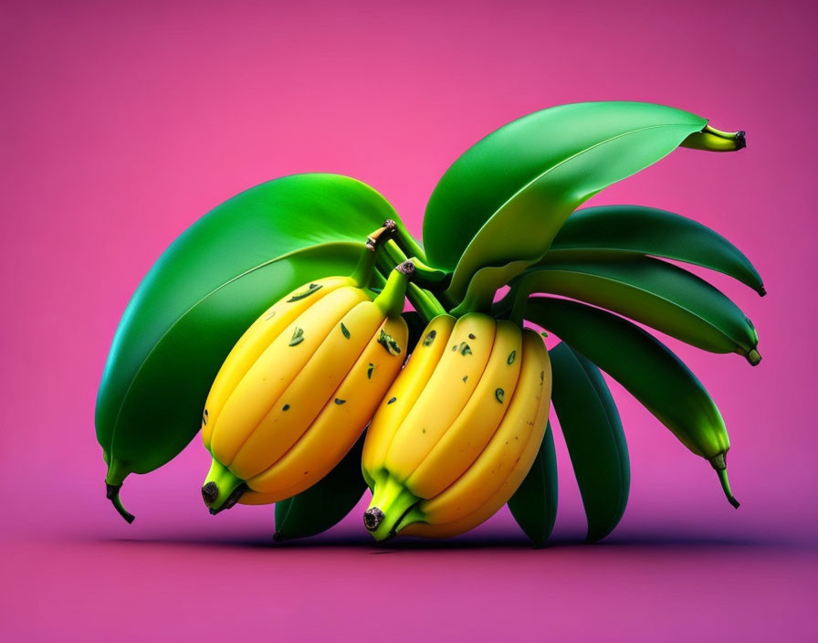 Ripe bananas with freckles on pink background and green leaf