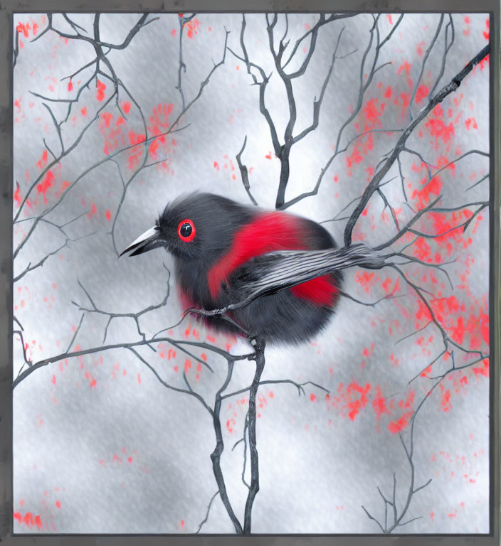 Stylized black and red bird with vivid red eye perched on branch amid red blossoms