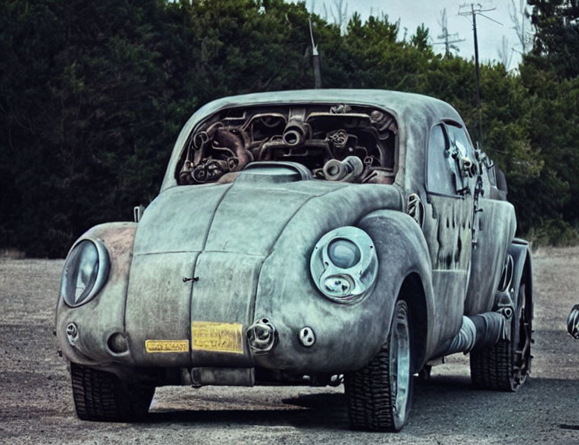 Vintage car photo featuring exposed engine and weathered exterior