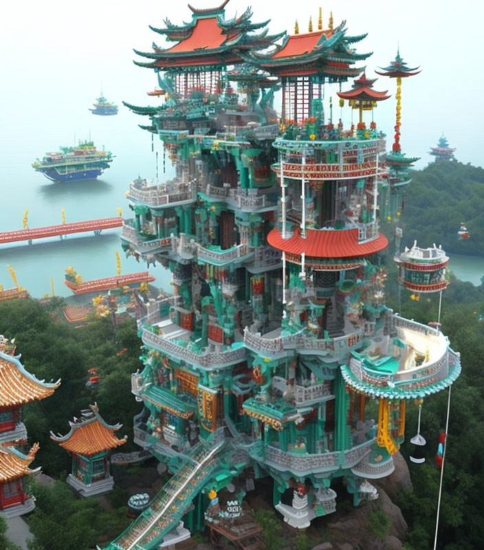 Traditional Chinese Pagoda Surrounded by Greenery and Water