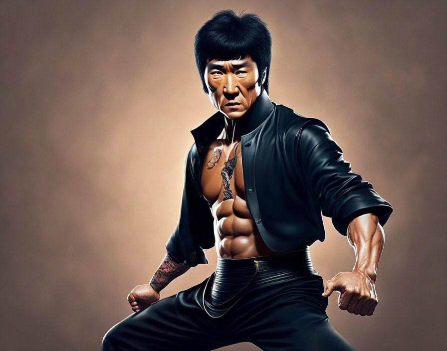 Stylized martial artist in black outfit with visible tattoos