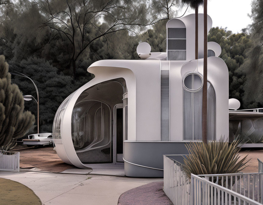 Modern White Curved House Among Trees with Round Windows and Doorway