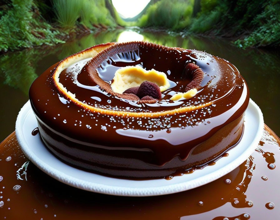 Chocolate-glazed dessert with creamy center and cookie pieces on plate in nature setting