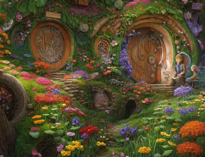 Illustration of whimsical hillside with vibrant flowers and two rounded doors.