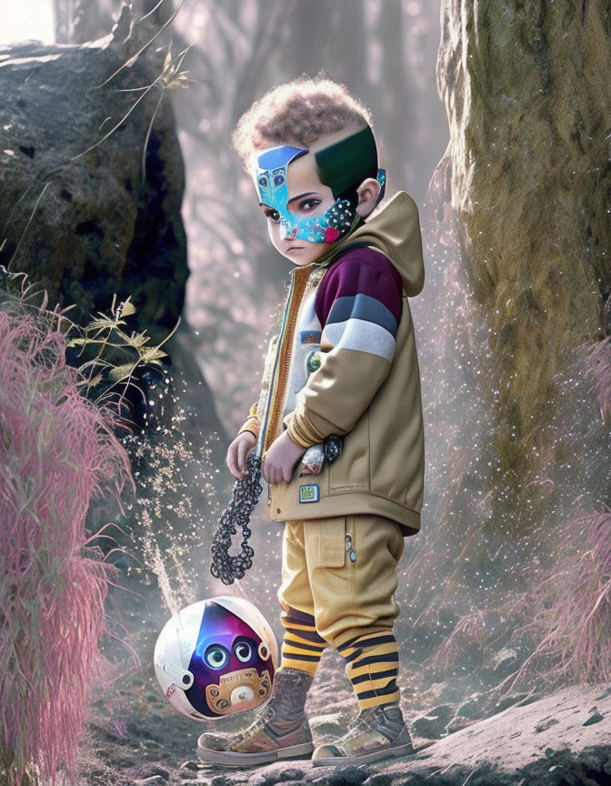 Child in futuristic outfit holding face design helmet in pink foliage and rocky terrain.