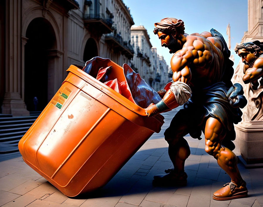 Classical sculptures come to life, tipping over a large orange garbage bin on a city street