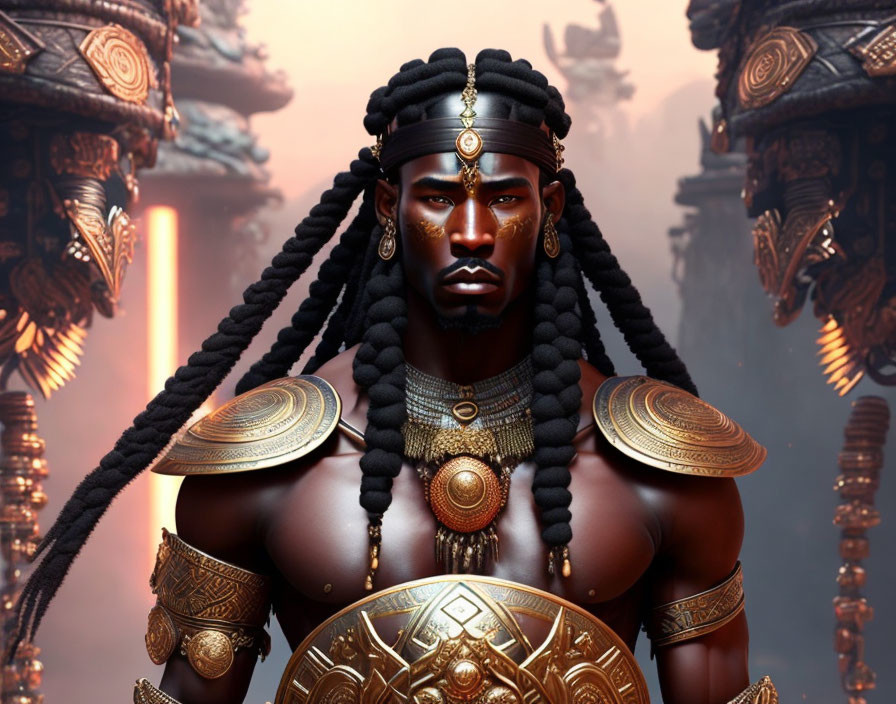 Regal warrior in golden armor with braided hair on blurred fantasy backdrop