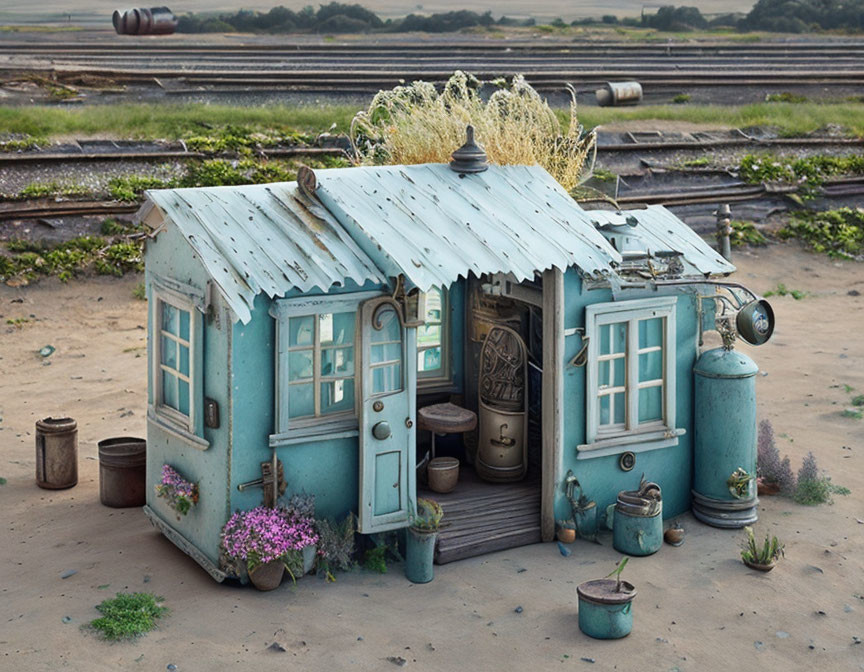 Miniature Blue House with Corrugated Roof by Train Tracks