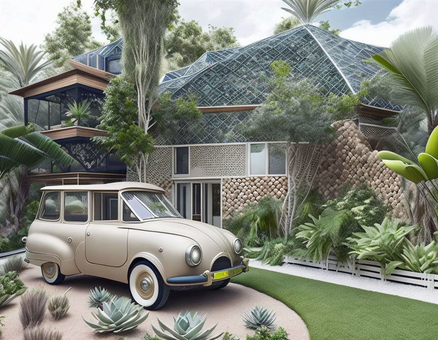 Vintage car parked in front of modern multi-tiered house with glass dome roof amid lush tropical vegetation