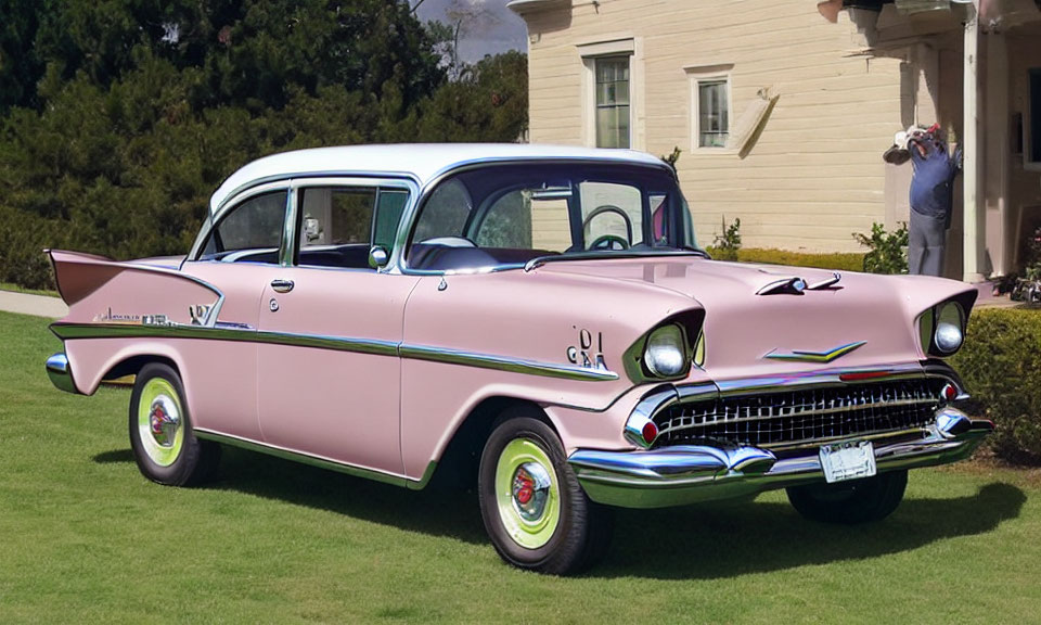 Vintage 1957 Chevrolet Bel Air in Pink and White on Grassy Lawn