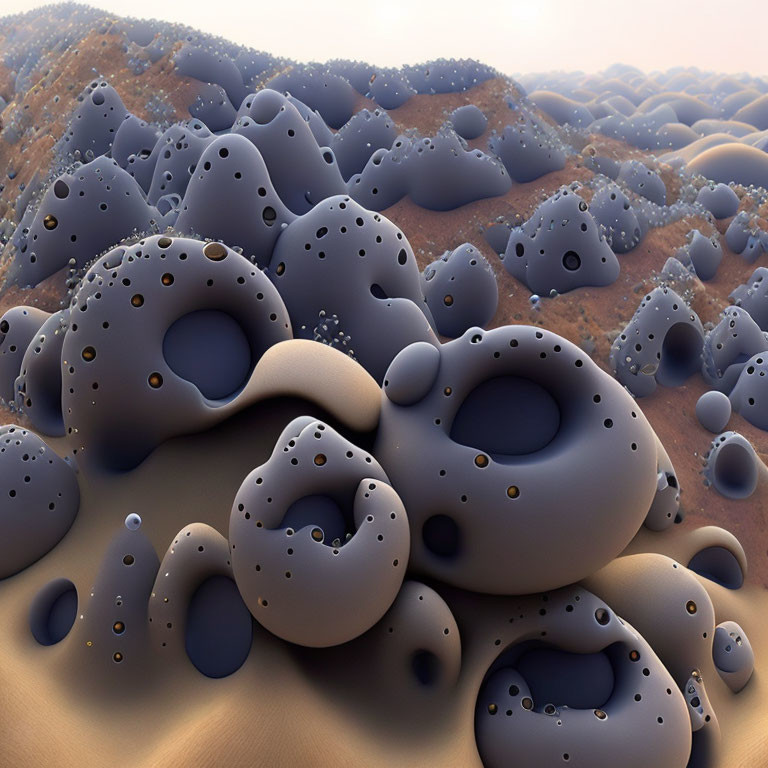 Surreal landscape with blob-like formations and bead-like details