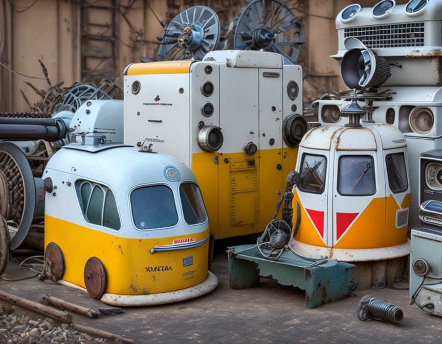 Industrial equipment resembling faces in cluttered workshop