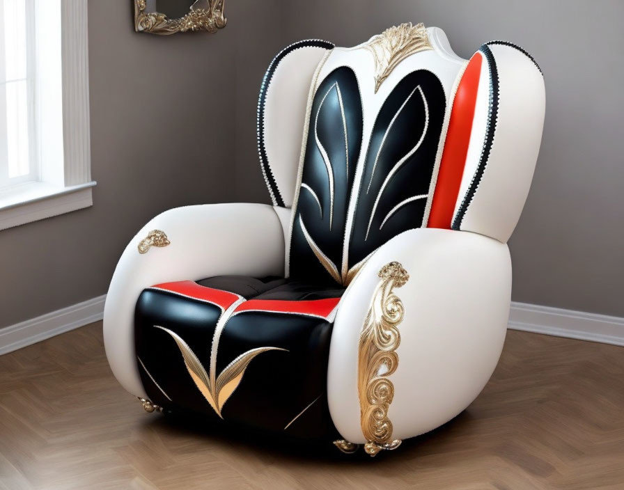 Baroque-style armchair with black, white, and gold accents against grey wall.