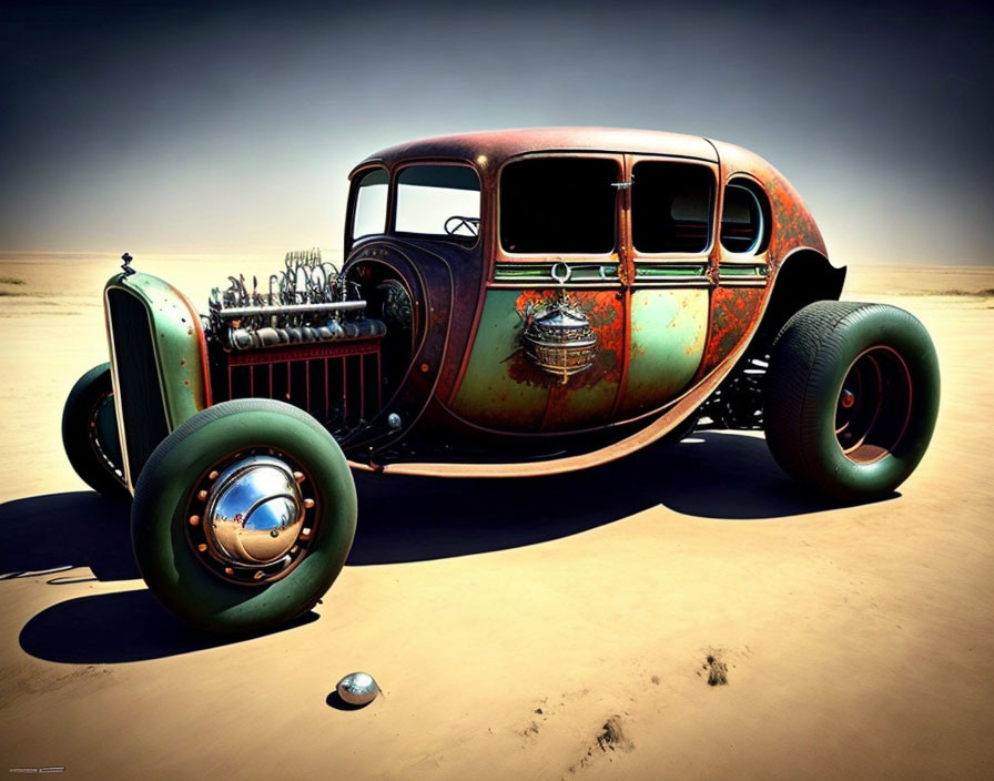 Classic Hot Rod with Rusty Body, Exposed Engine, and Oversized Tires in Desert