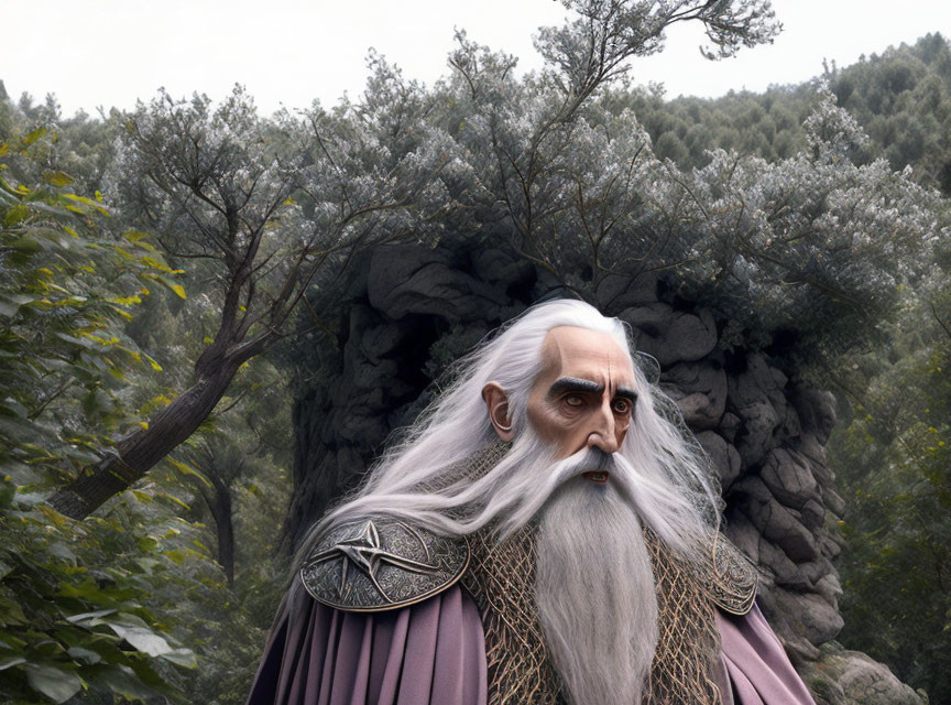 Elderly man with white beard in forest setting wears star emblem cloak