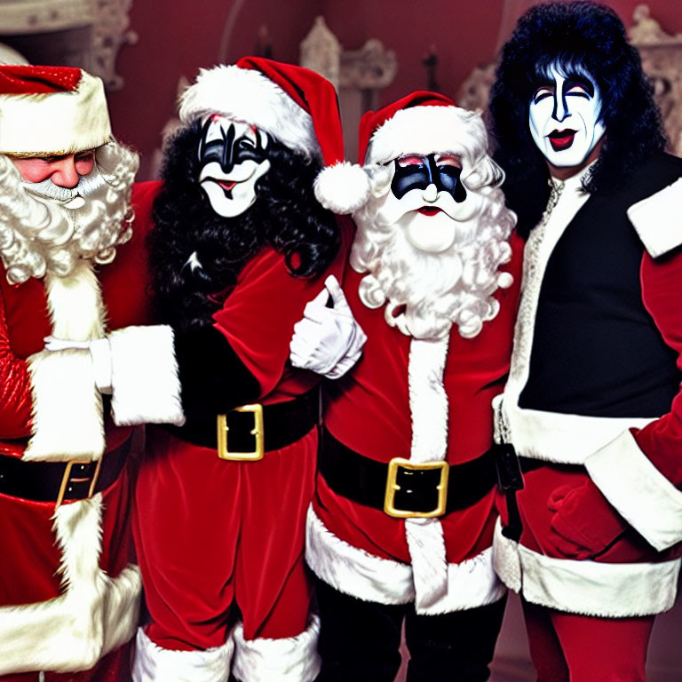 Four individuals in Santa Claus outfits with two in KISS face paint