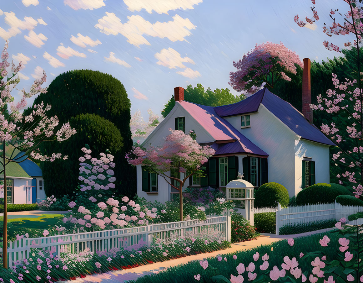 Suburban house with pink roof, gardens, picket fence, cherry blossom sky