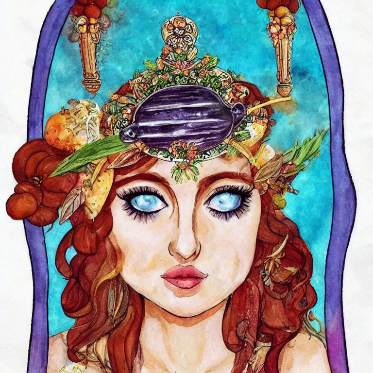 Colorful watercolor portrait of a woman with blue eyes and red hair wearing a whimsical headdress